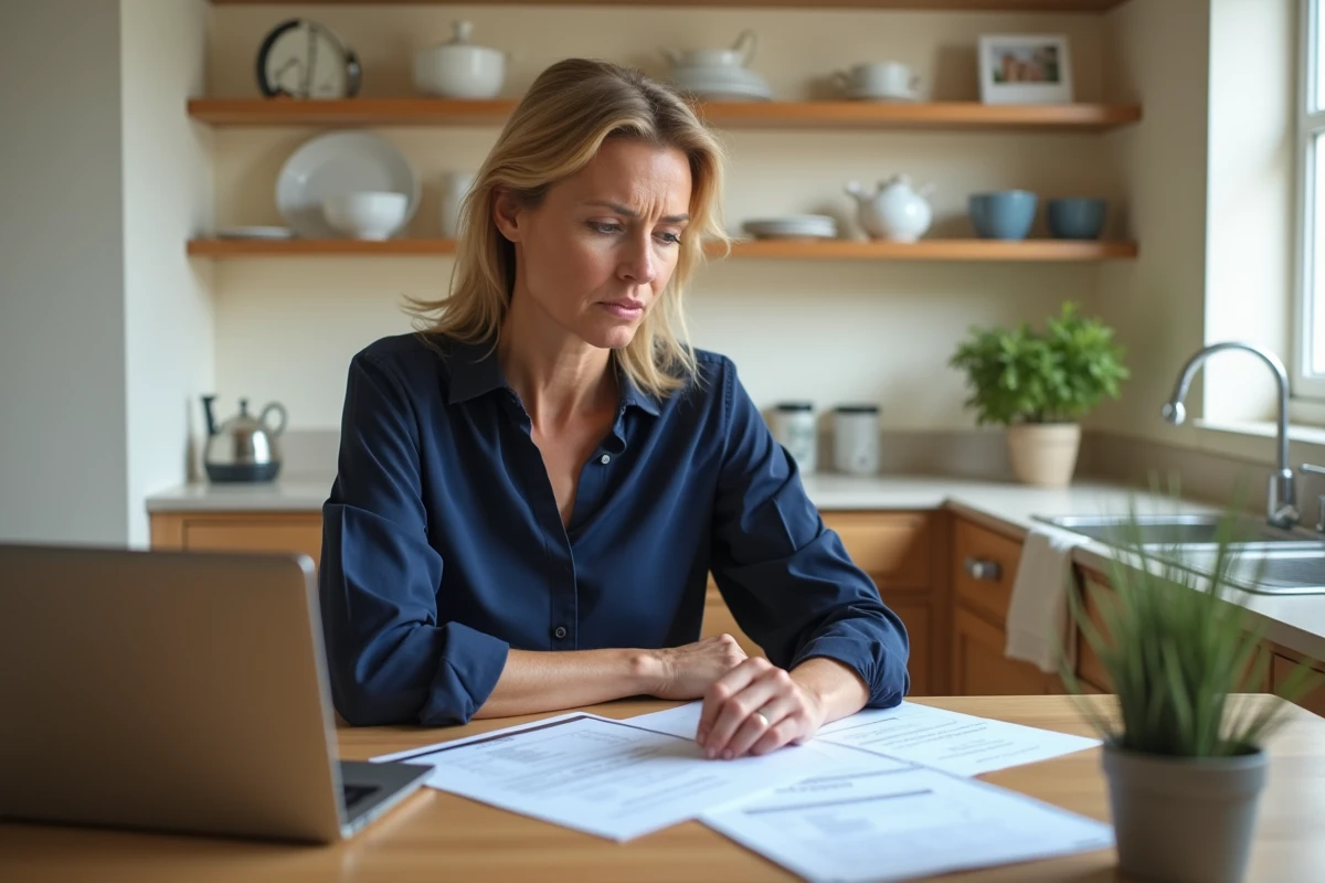 Propriétaire consultant des documents juridiques pour un référé préventif avant travaux dans une cuisine