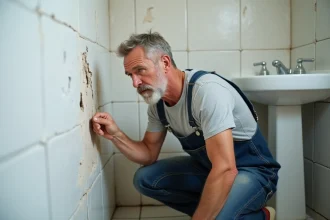 Propriétaire examinant une fissure dans le mur d'une salle de bain avant de petits travaux de rénovation