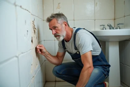 Propriétaire examinant une fissure dans le mur d'une salle de bain avant de petits travaux de rénovation