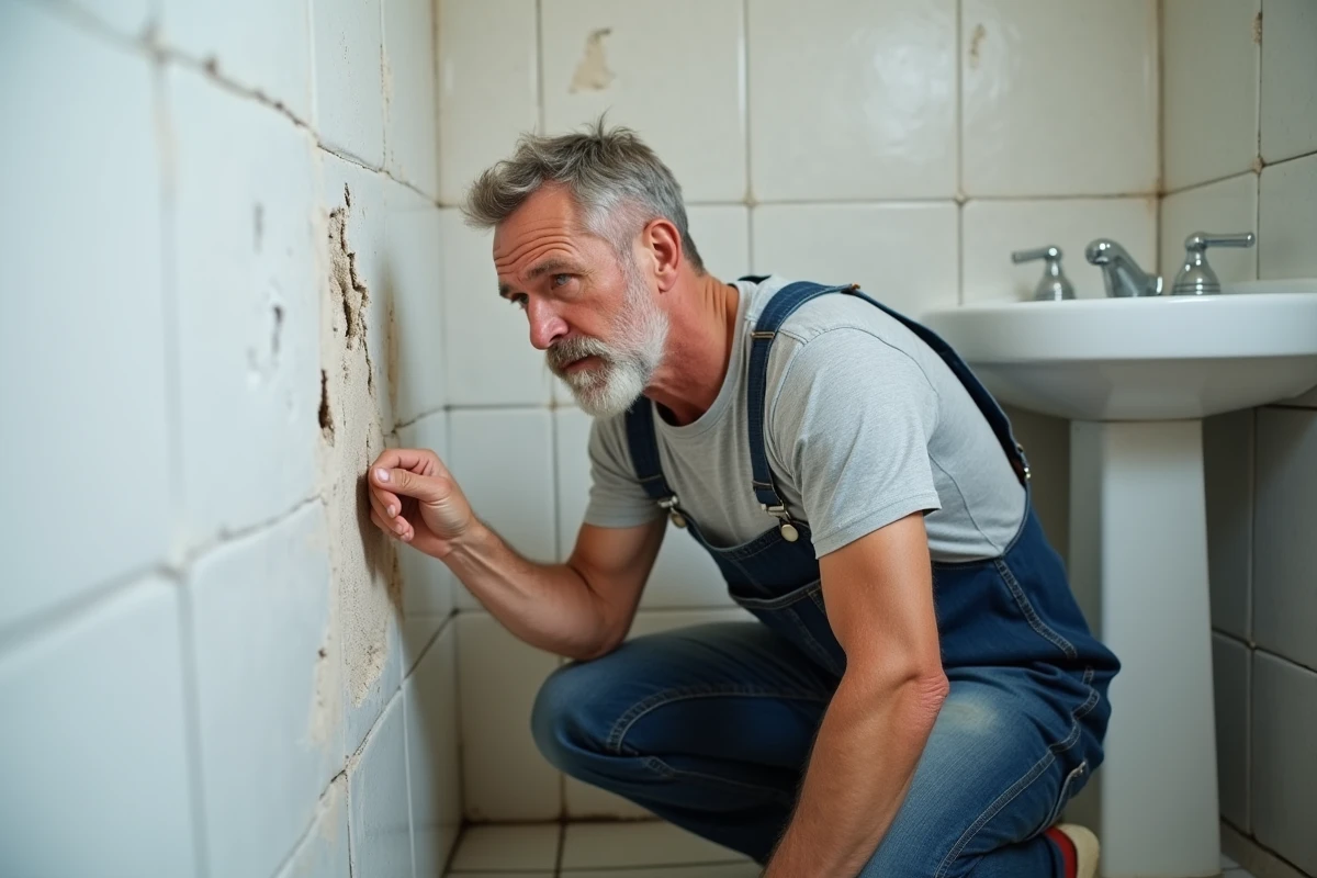 Propriétaire examinant une fissure dans le mur d'une salle de bain avant de petits travaux de rénovation