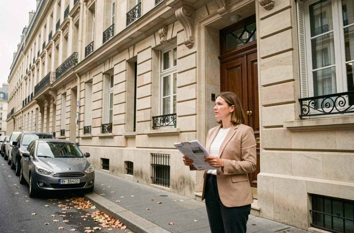 Propriétaire devant un immeuble résidentiel tenant des documents d'assurance PNO