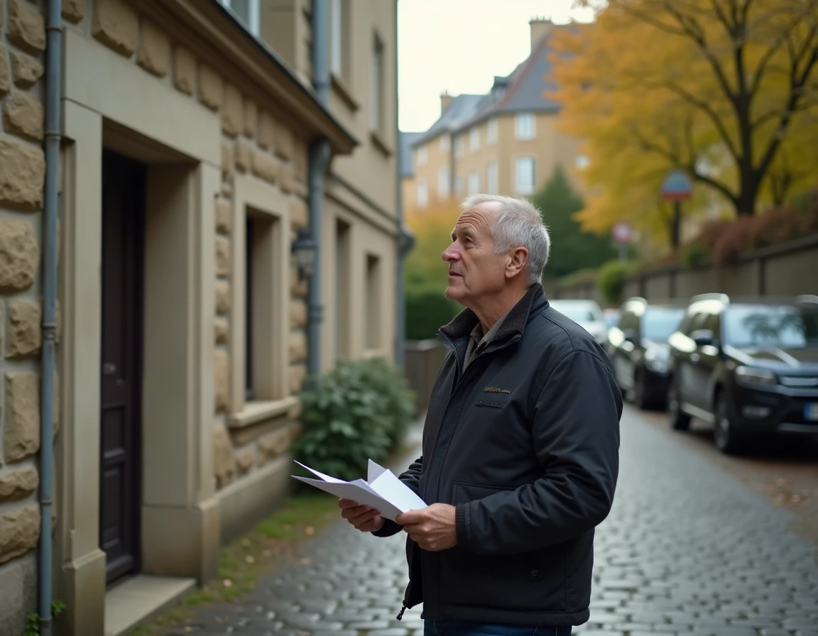 Propriétaire en indivision devant une maison française avec enveloppe juridique, illustrant un litige de crédit immobilier non payé