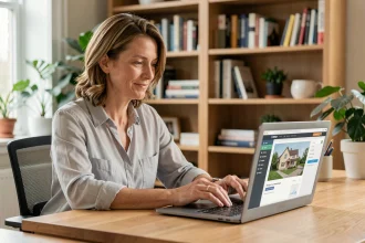 Propriétaire femme consultant ses documents sur MyFoncia depuis un bureau à domicile avec un ordinateur portable