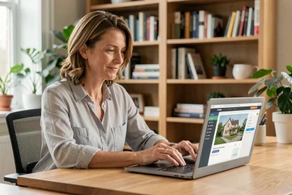 Propriétaire femme consultant ses documents sur MyFoncia depuis un bureau à domicile avec un ordinateur portable