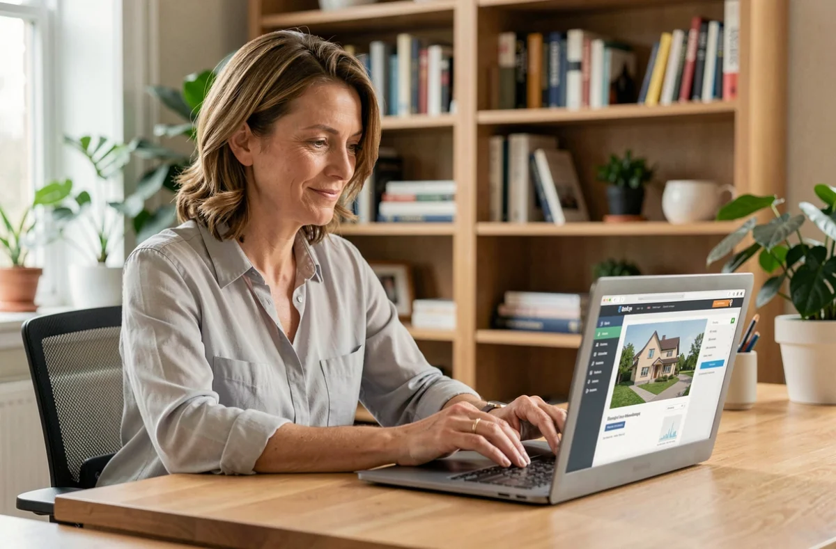 Propriétaire femme consultant ses documents sur MyFoncia depuis un bureau à domicile avec un ordinateur portable