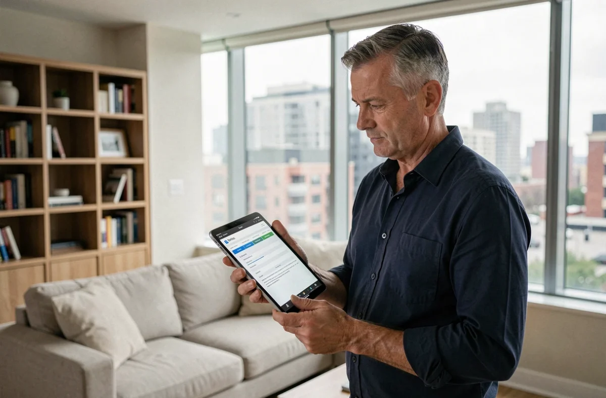 Propriétaire masculin consultant l'espace MyFoncia sur tablette dans un appartement moderne en ville