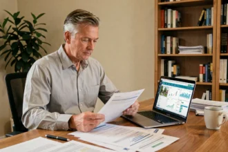 Propriétaire non occupant examinant son contrat d'assurance et les documents de son bien immobilier