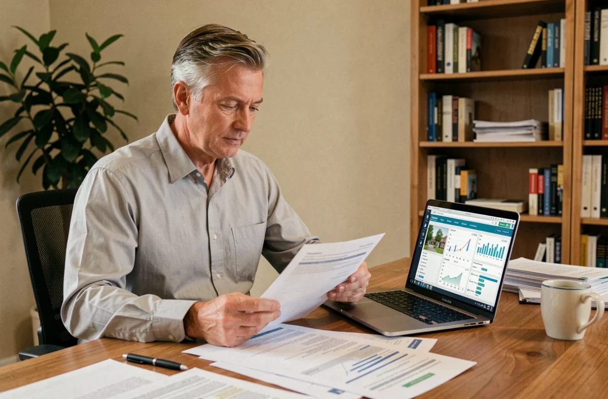 Propriétaire non occupant examinant son contrat d'assurance et les documents de son bien immobilier