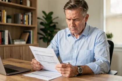 Propriétaire non-occupant examinant un contrat d'assurance PNO à son bureau à domicile
