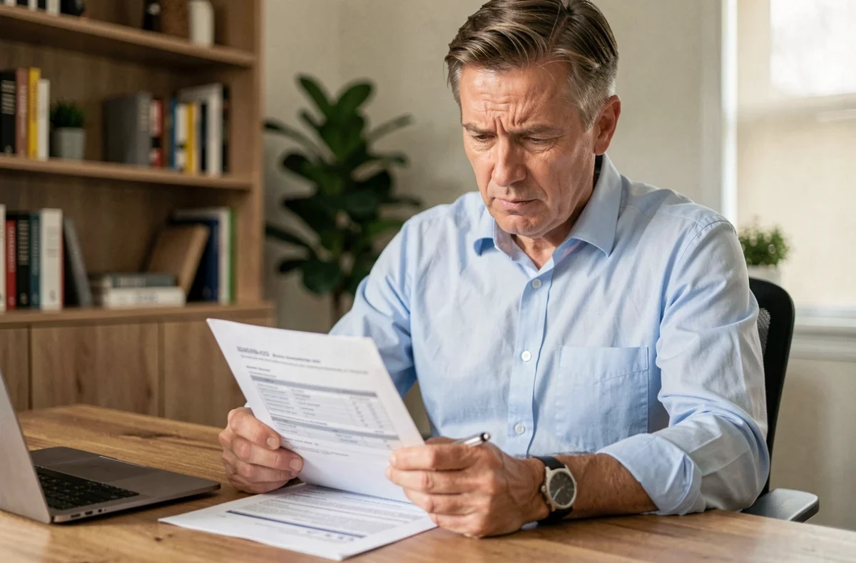 Propriétaire non-occupant examinant un contrat d'assurance PNO à son bureau à domicile
