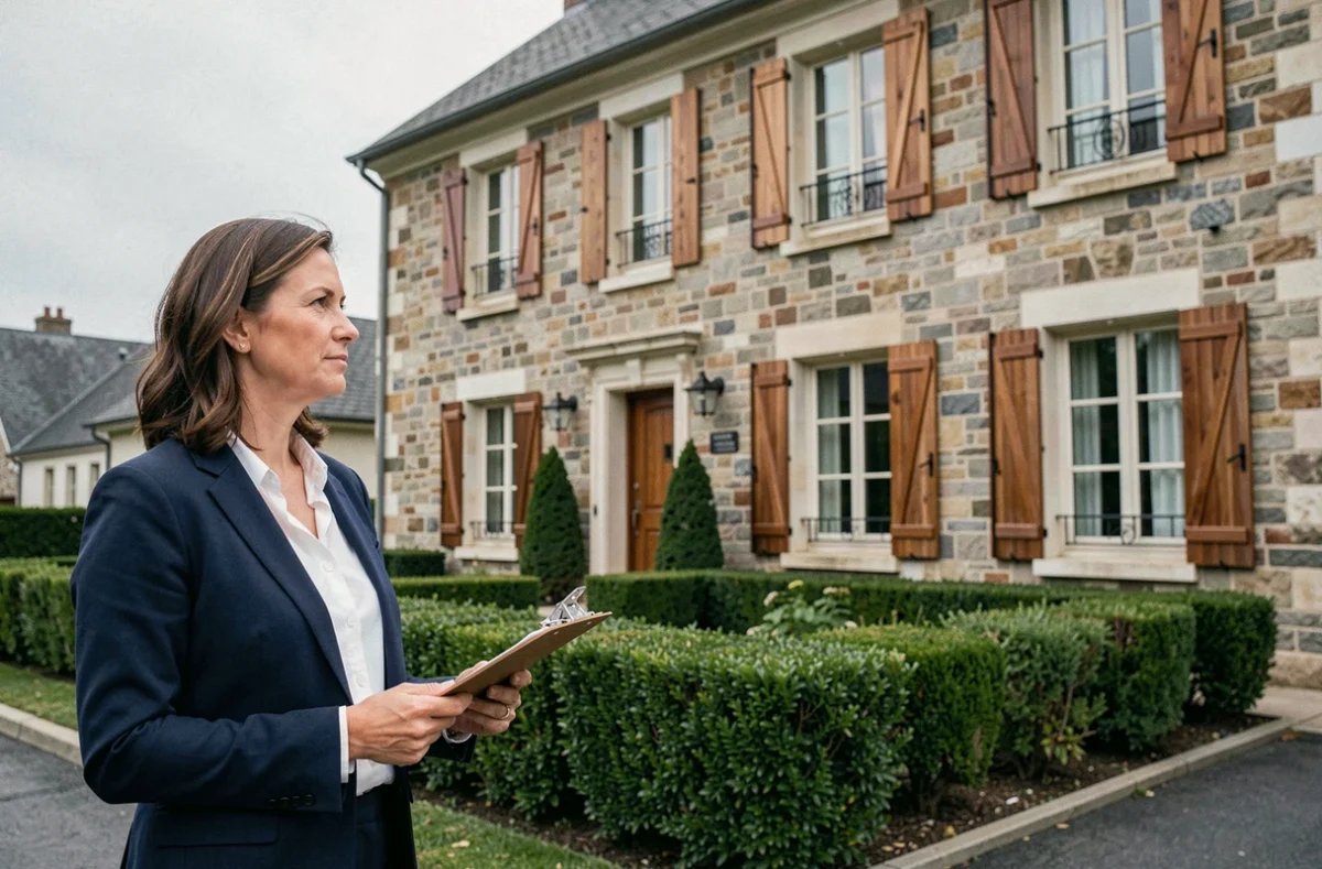 Propriétaire non occupante inspectant sa maison locative pour évaluer le coût de son assurance PNO