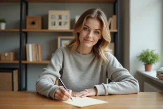 Femme rédigeant une lettre de motivation pour un appartement à son bureau à domicile