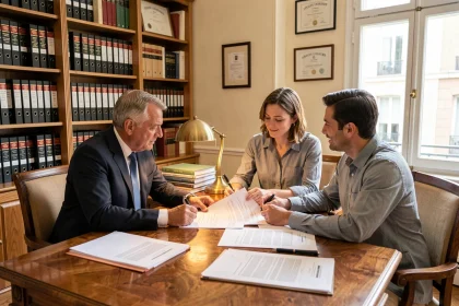 Couple en rendez-vous chez un notaire pour l'estimation d'un bien immobilier avant achat