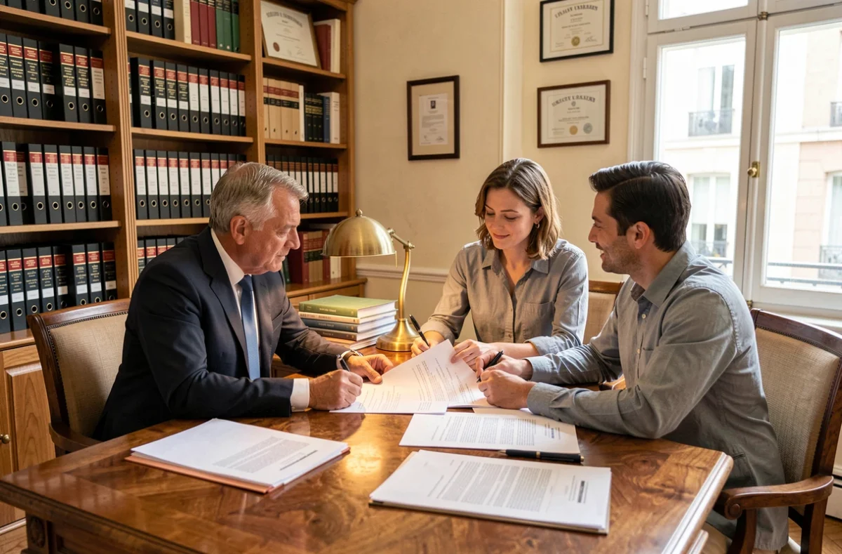 Couple en rendez-vous chez un notaire pour l'estimation d'un bien immobilier avant achat
