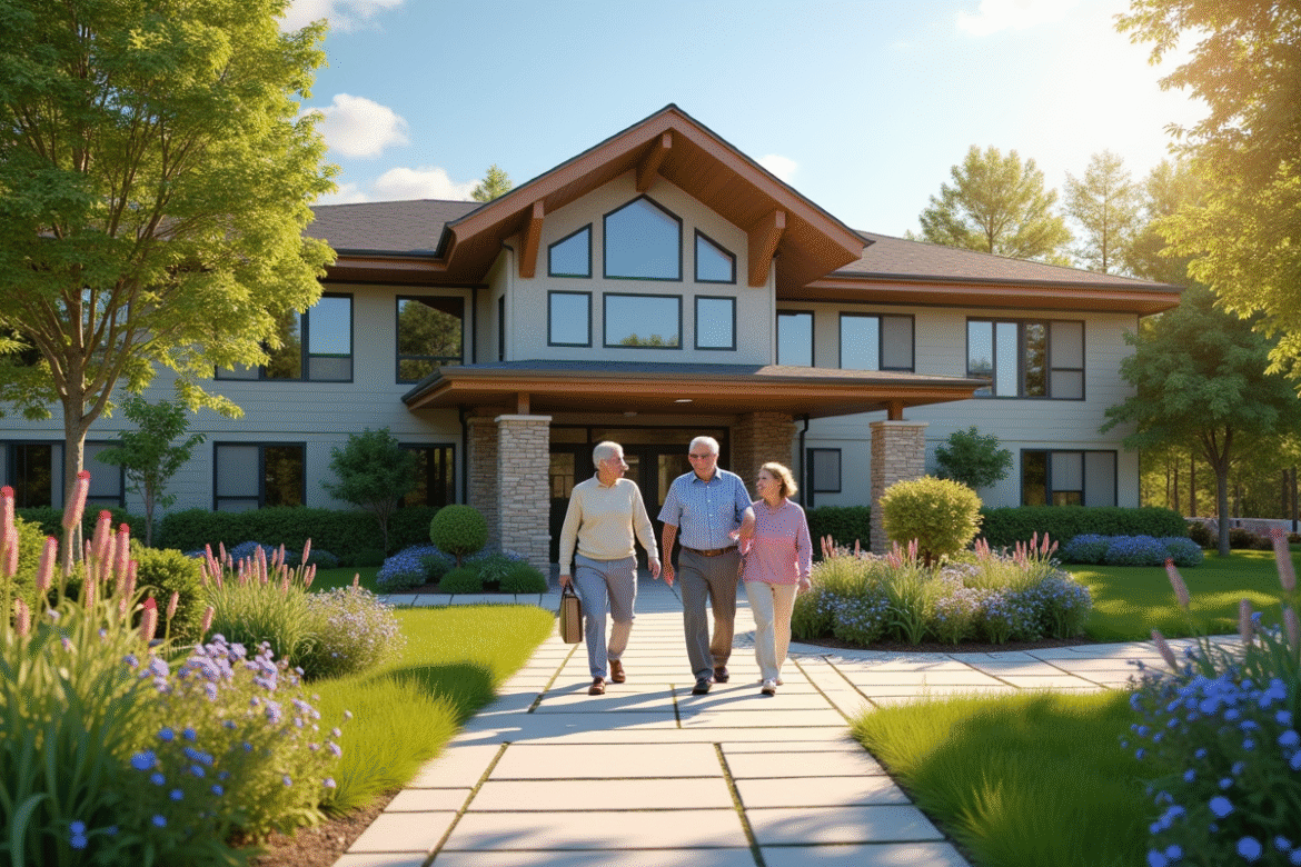 Résidence senior moderne avec jardins accueillants et seniors souriants