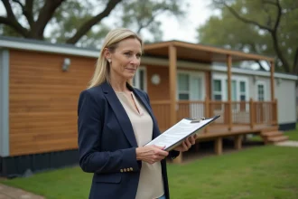 Femme professionnelle consultant des documents devant un mobil-home en parc résidentiel, illustrant la revente LMNP mobil-home