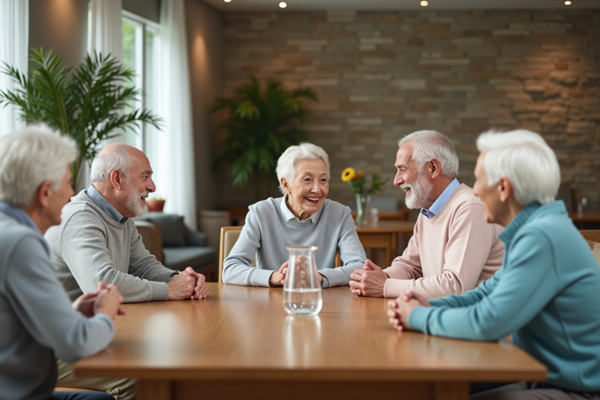 Groupe de seniors souriants autour d'une table dans une résidence