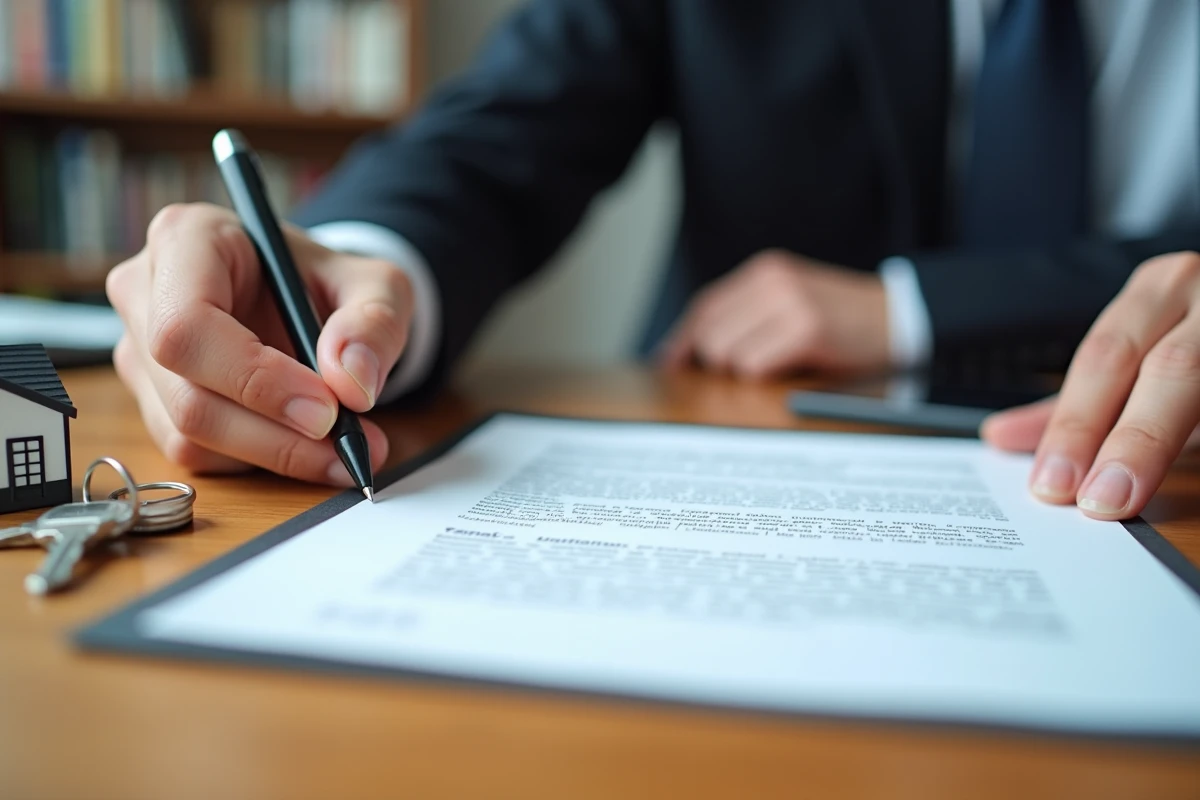 Signature d'un acte de vente pour un mobil-home avec statut LMNP, clés et document notarié sur un bureau en bois