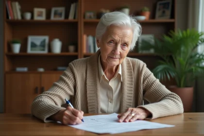 Femme âgée signant des documents immobiliers dans son salon
