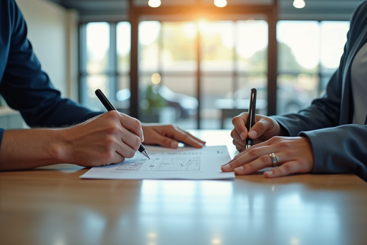 Personne signant un contrat de location dans un selfstorage lumineux