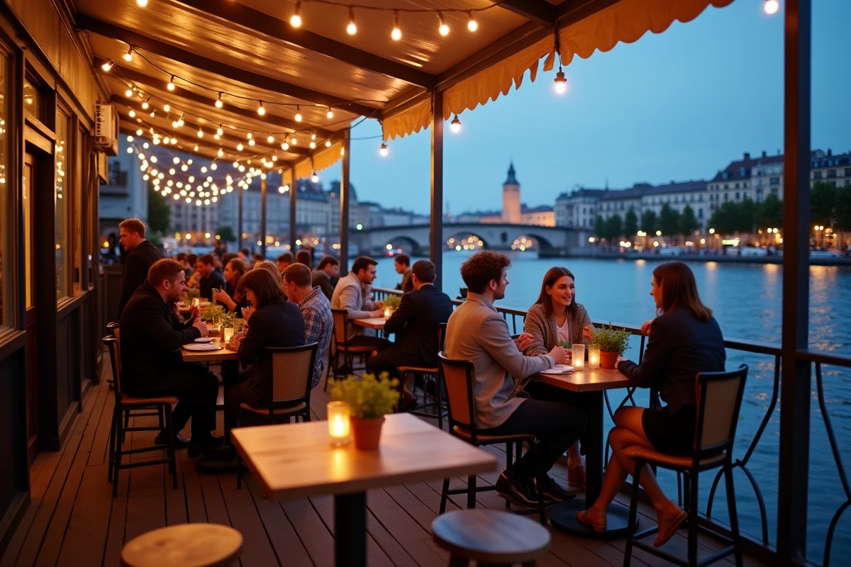 Soirée thématique en plein air sur le pont d'une péniche culturelle amarrée sur la Saône à Lyon au crépuscule, groupe de personnes réunies autour de tables hautes avec la ville en arrière-plan