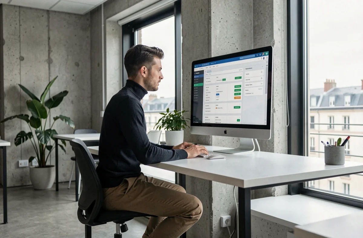 Gestionnaire de Symplice dans un espace de coworking moderne à Nantes, utilisant un logiciel de gestion de copropriété