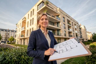 Gestionnaire de copropriété devant un immeuble résidentiel en Loire-Atlantique, tenant des plans de bâtiment