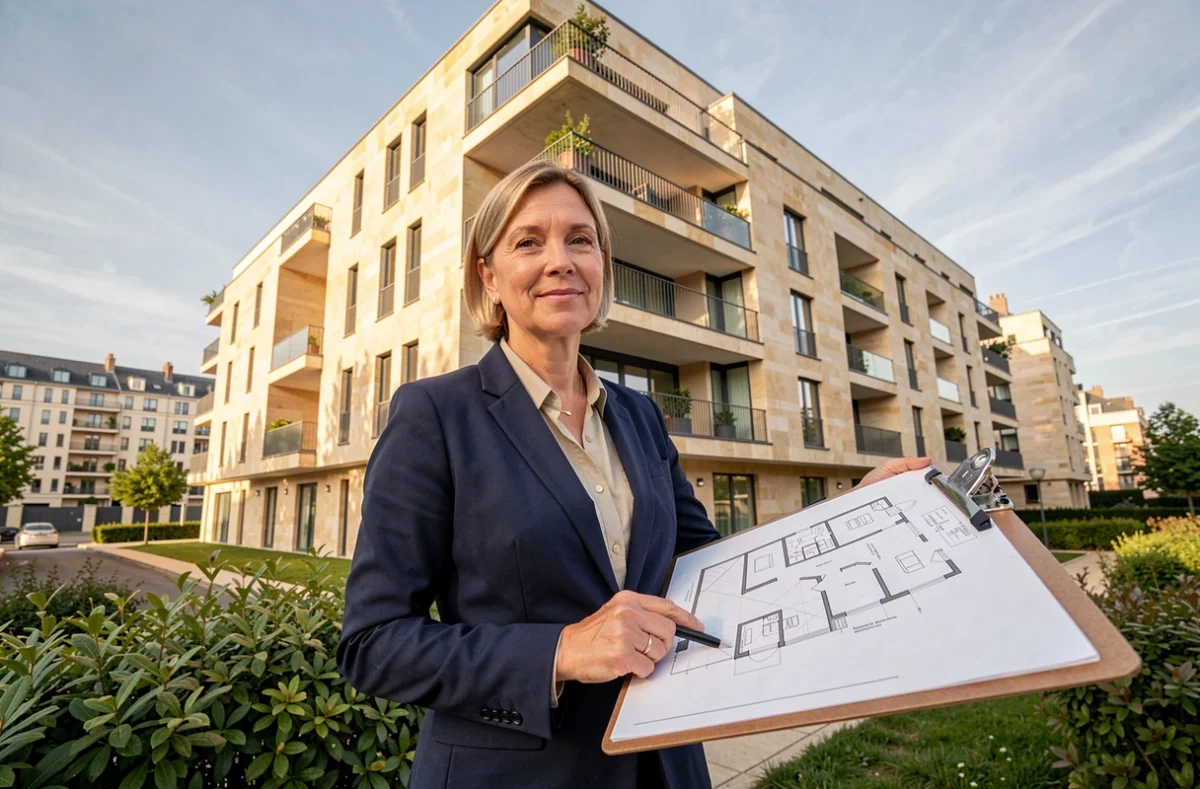 Gestionnaire de copropriété devant un immeuble résidentiel en Loire-Atlantique, tenant des plans de bâtiment