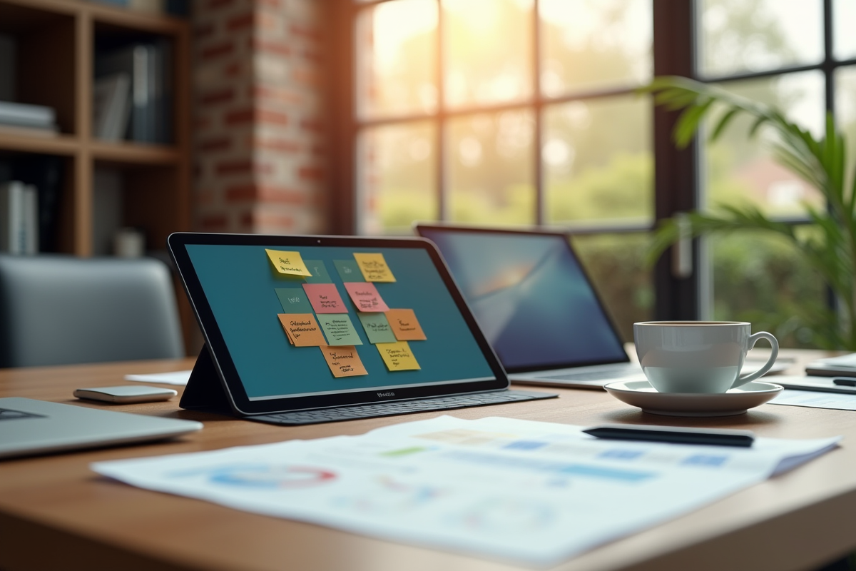 Tablettes haut de gamme sur un bureau avec notes et documents