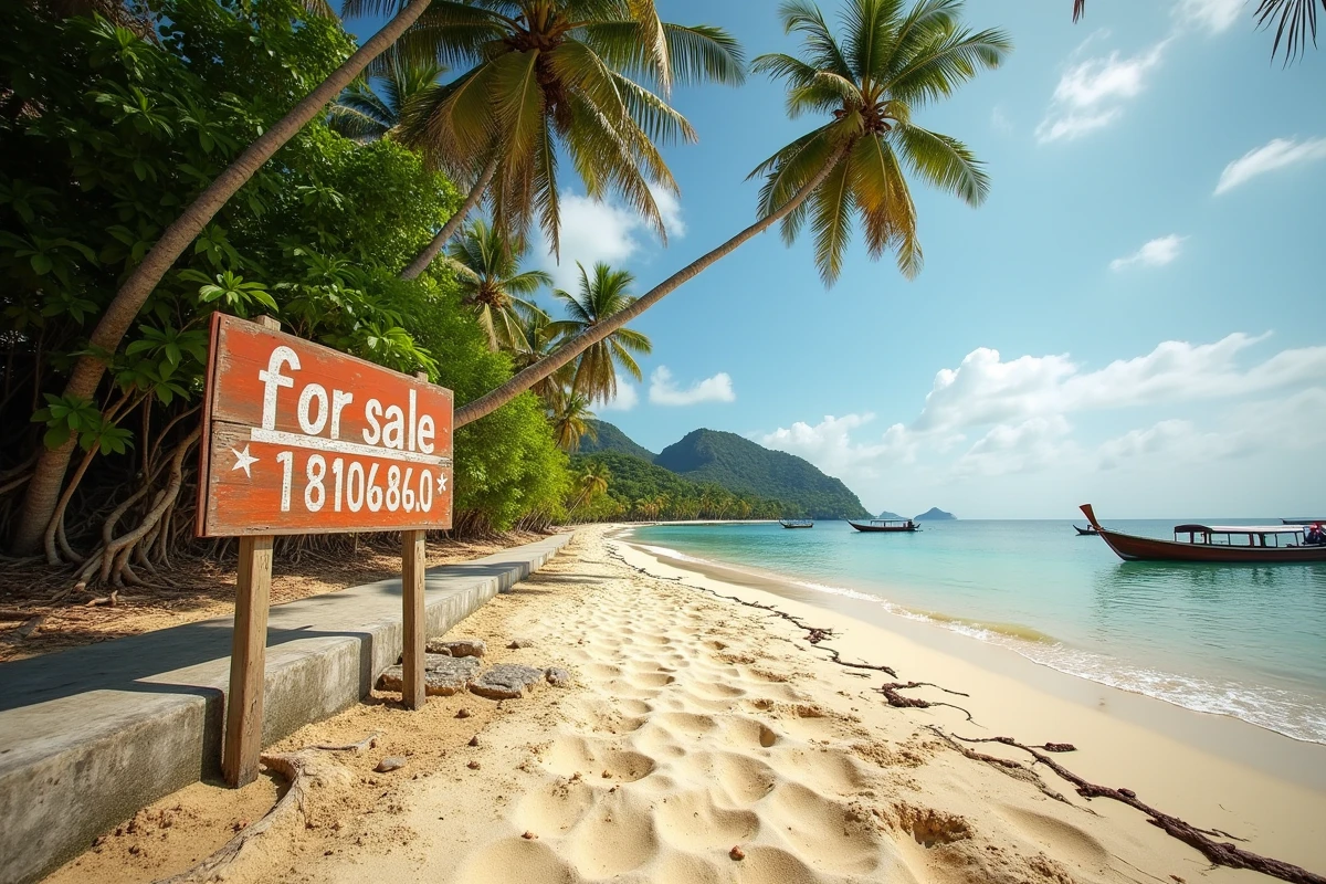 Terrain en bord de mer à vendre à Koh Samui avec panneau immobilier et plage tropicale en arrière-plan