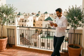 Homme consultant un projet immobilier sur une terrasse d'appartement moderne à Marrakech avec vue sur la ville