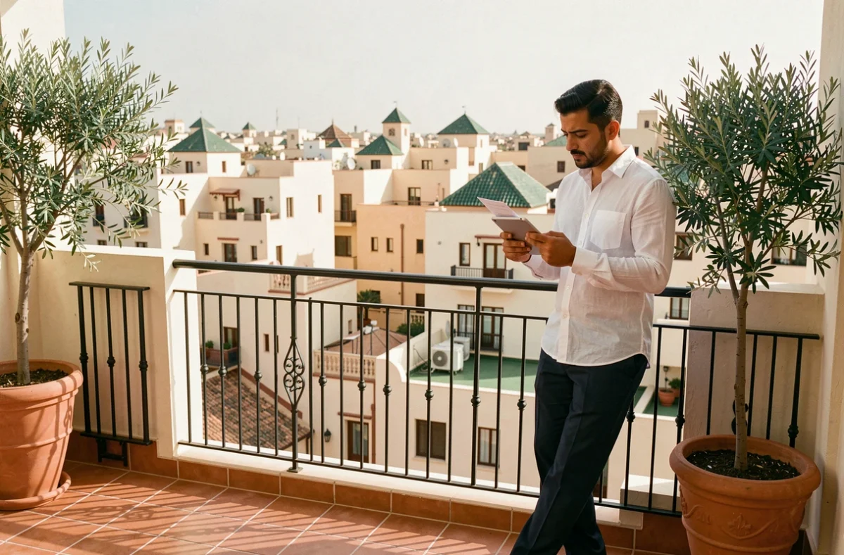 Homme consultant un projet immobilier sur une terrasse d'appartement moderne à Marrakech avec vue sur la ville
