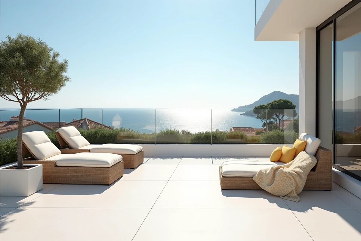 Terrasse panoramique d'un appartement du Monte Carlo Sun avec vue sur la mer Méditerranée et la côte