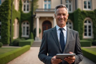Vendeur immobilier de prestige consultant une estimation gratuite en ligne devant une villa de luxe
