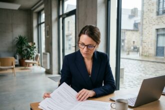 Professionnelle examinant un bail commercial dans un bureau moderne à Rennes avant de signer