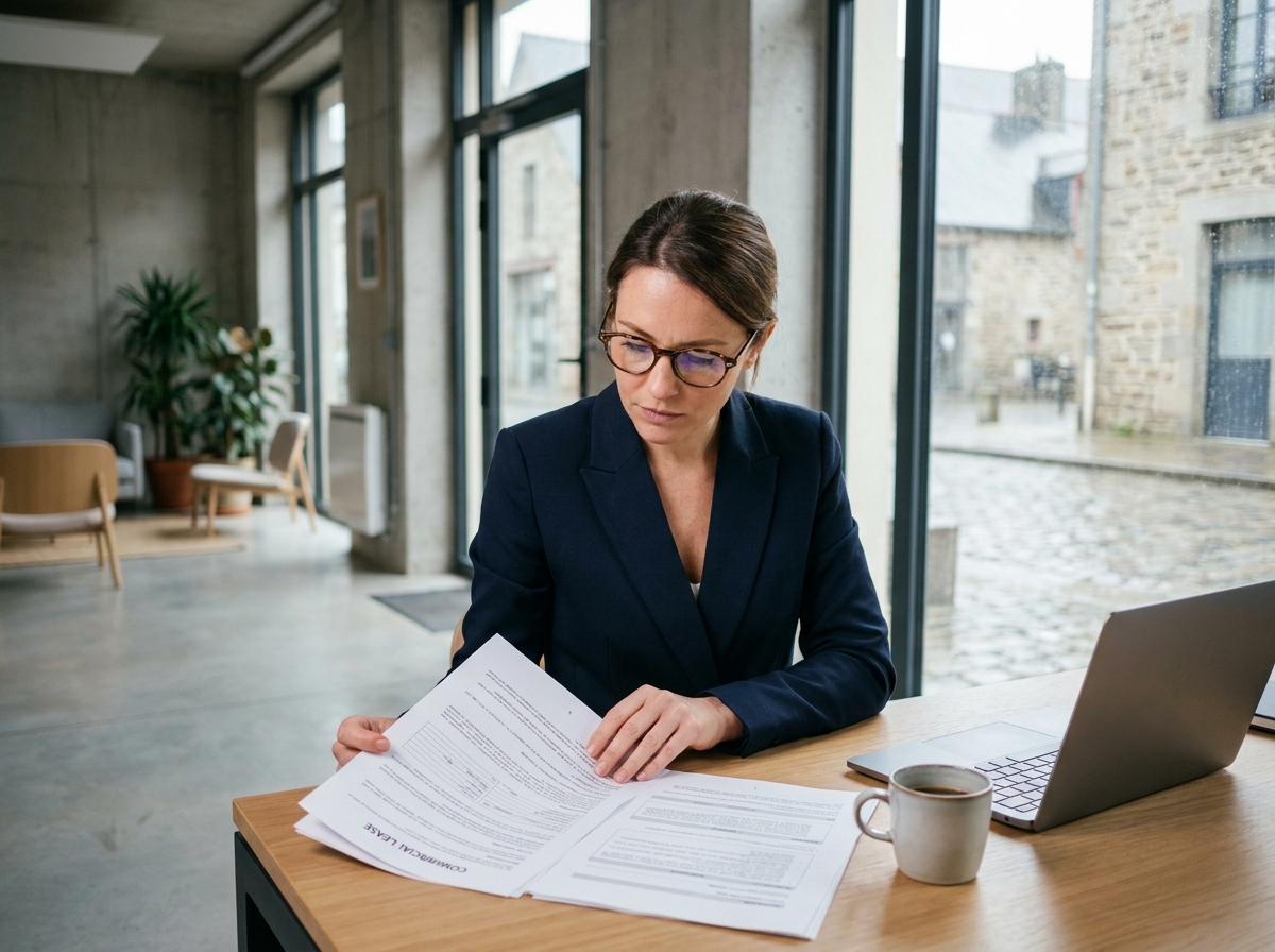 Professionnelle examinant un bail commercial dans un bureau moderne à Rennes avant de signer