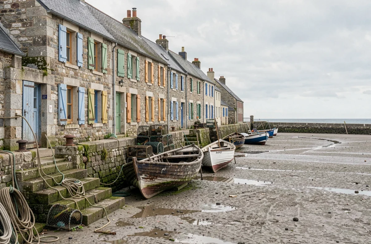 Port de village de pêcheurs breton à marée basse avec rangée de maisons en pierre aux volets colorés, atmosphère hors-saison