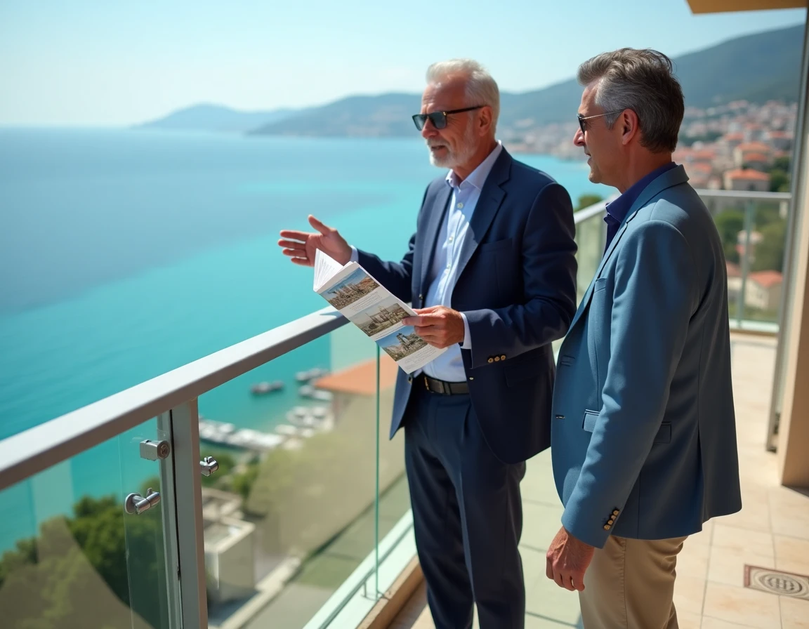 Agent immobilier et acheteur sur le balcon d'un appartement avec vue mer, discussing détails de la copropriété
