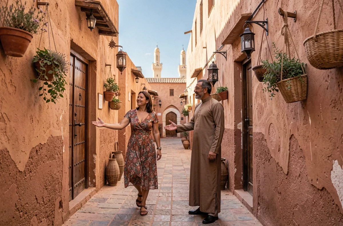 Femme française visitant une propriété à vendre dans la médina de Marrakech avec un agent immobilier local