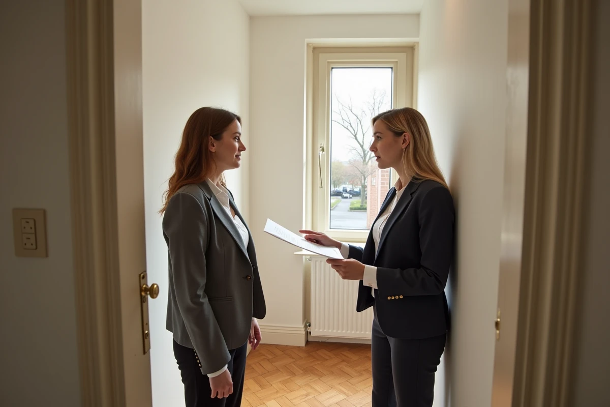Agent immobilier présentant un logement étudiant de petite surface à de jeunes locataires