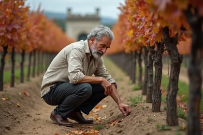 Viticulteur examinant le sol argileux et graveleux d'un vignoble du Médoc à Bordeaux en automne
