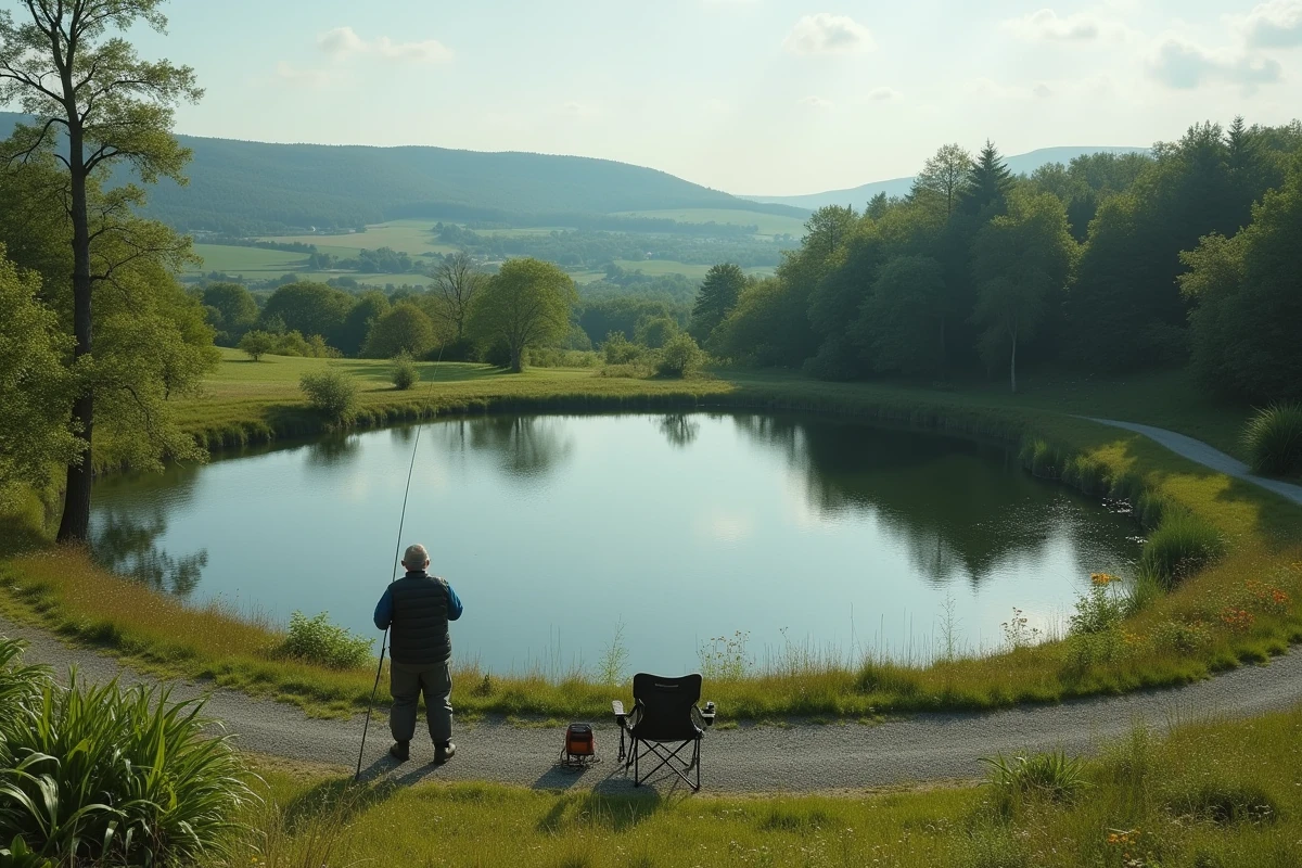 Vue panoramique d'un étang privé en campagne française avec pêcheur en cuissardes lançant sa ligne, paysage rural verdoyant idéal pour investissement plaisir et loisirs nature