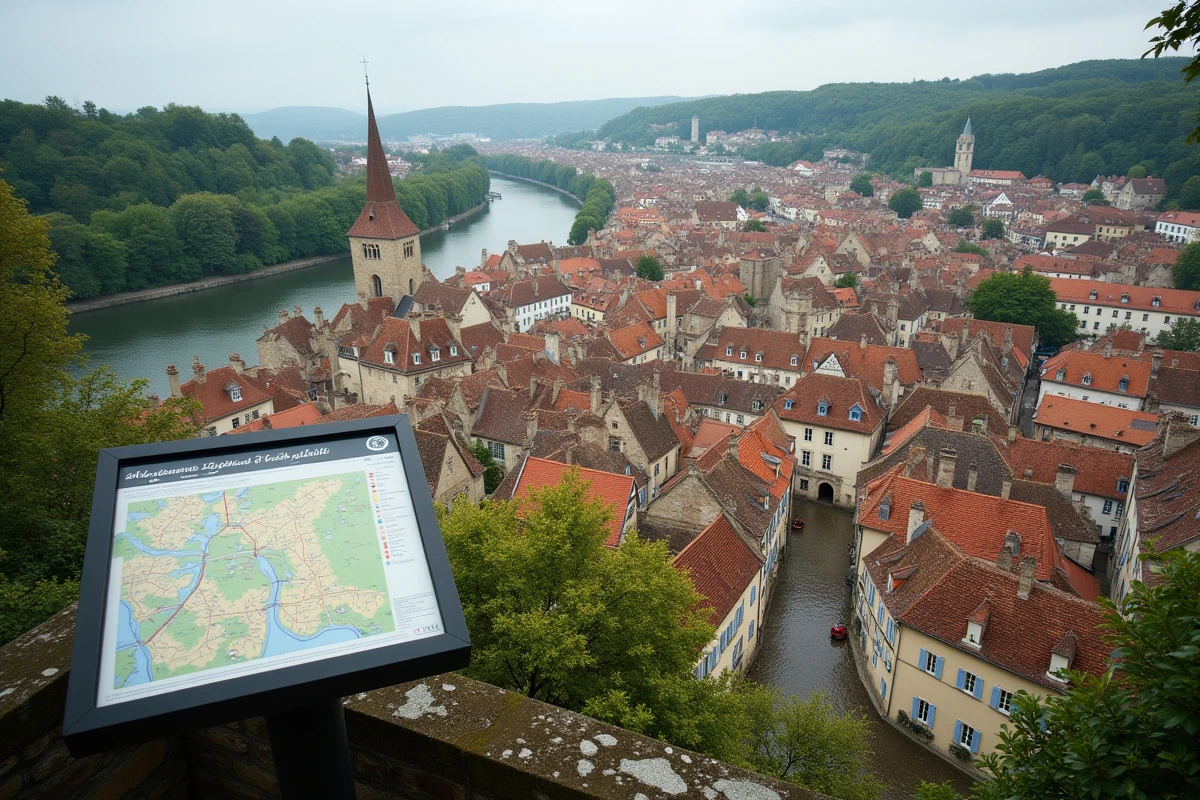 Vue panoramique des quartiers historiques de Bergerac avec toits en tuiles et panneau de carte de quartier au premier plan